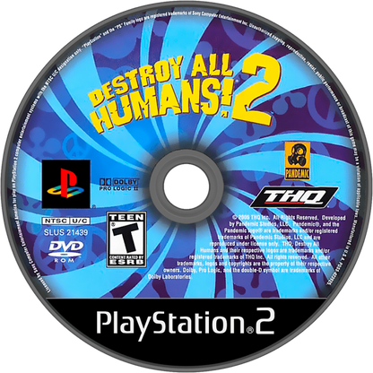 Destroy All Humans 2 PS2 Sony PlayStation 2 action adventure game open world alien invasion Crypto alien sci fi humor sandbox gameplay destruction weapons gadgets multiplayer split screen THQ Pandemic Studios PlayStation 2 software video game title disc