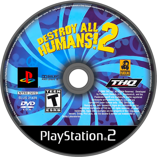 Destroy All Humans 2 PS2 Sony PlayStation 2 action adventure game open world alien invasion Crypto alien sci fi humor sandbox gameplay destruction weapons gadgets multiplayer split screen THQ Pandemic Studios PlayStation 2 software video game title disc