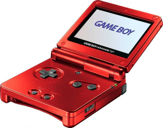 Red Game Boy Advance SP handheld gaming system featuring a red clamshell design with a frontlit or backlit screen rechargeable battery and compatibility with Game Boy Advance and Game Boy Color games