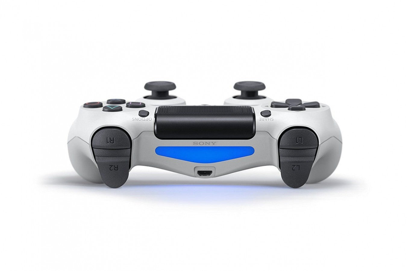 Sony DualShock 4 Wireless Controller in Glacier White for PS4 at Gamers INC, featuring an official OEM design with responsive triggers, a built-in touchpad, and motion sensors for a professional PlayStation 4 gaming experience top light
