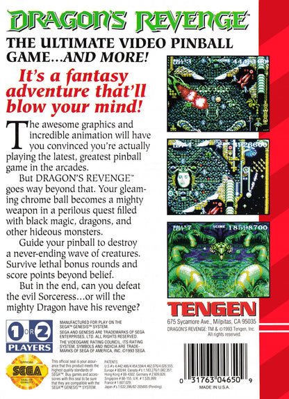 Dragons Revenge retro Sega Genesis video game featuring fantasy pinball gameplay, arcade style action, monster themed tables and classic Genesis entertainment - back of case