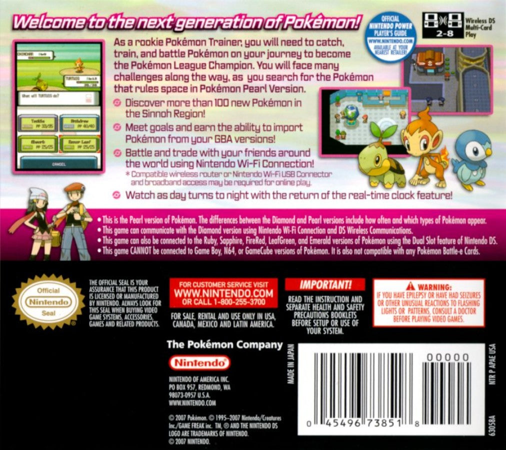 Pokémon Pearl back of case for Nintendo DS (DS) Pokémon RPG adventure video game