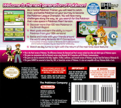 Pokémon Pearl back of case for Nintendo DS (DS) Pokémon RPG adventure video game
