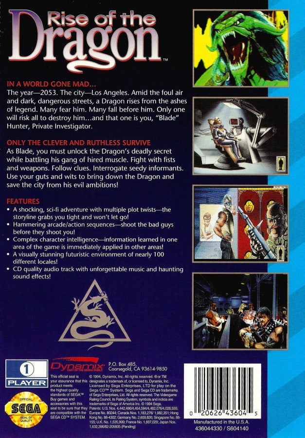 Rise of the Dragon Sega CD cinematic adventure game point and click cyberpunk detective story Blade Runner style futuristic LA investigation puzzles branching narrative FMV cutscenes Sierra On-Line retro gaming Sega CD software video game title back cover art