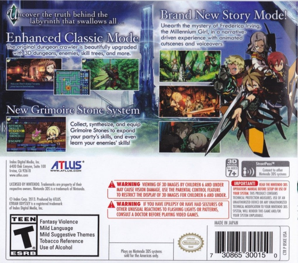 Etrian Odyssey Untold The Millennium Girl Nintendo 3DS 3DS for dungeon crawling role playing video game fans featuring first person exploration challenging labyrinths turn based battles character customization party management map drawing skill trees quests and immersive fantasy adventure collectible gaming appeal back cover art