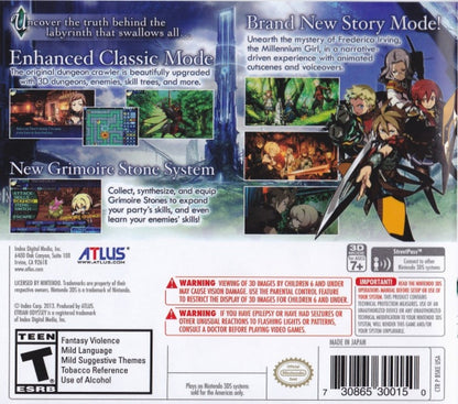 Etrian Odyssey Untold The Millennium Girl Nintendo 3DS 3DS for dungeon crawling role playing video game fans featuring first person exploration challenging labyrinths turn based battles character customization party management map drawing skill trees quests and immersive fantasy adventure collectible gaming appeal back cover art