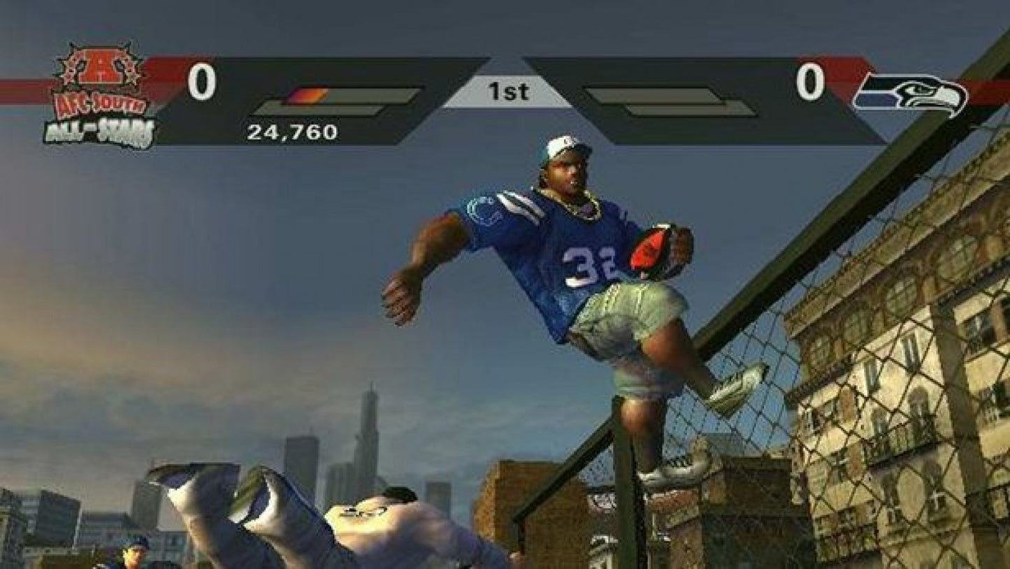 Retro NFL Street 2 PS2 inspired design featuring arcade football action aesthetic vintage PlayStation 2 street style gameplay exaggerated tackles trick plays urban sports culture fast paced multiplayer competition iconic EA Sports BIG presentation nostalgic football gaming energy - gameplay