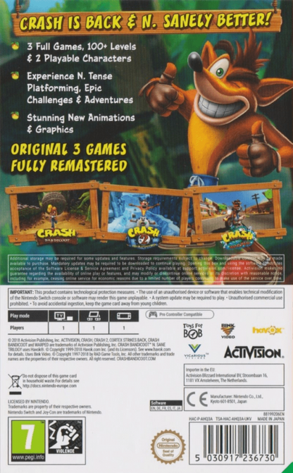 Crash Bandicoot N Sane Trilogy back of box for Nintendo Switch (NS) video game