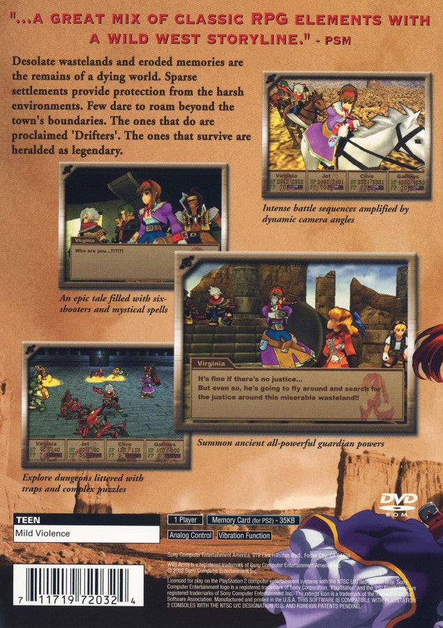 Wild Arms 3 PS2 Sony PlayStation 2 JRPG role playing game cel shaded Western fantasy adventure turn based combat dungeon exploration puzzle solving gunfighter characters story driven gameplay desert world retro gaming PlayStation 2 software video game title back cover art