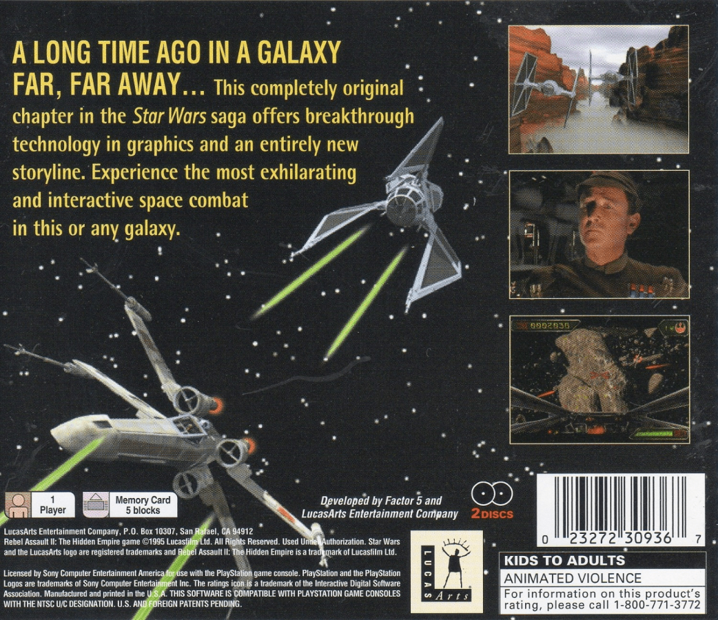 Star Wars: Rebel Assault II back of case for PlayStation 1 (PS1) rail shooter video game