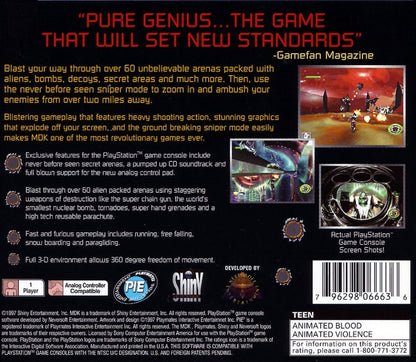 MDK retro sci-fi action shooter game for PlayStation 1 (PS1) back of case