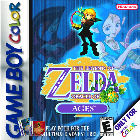 The Legend of Zelda Oracle of Ages Game Boy Color GBC for retro video game enthusiasts featuring action adventure gameplay time travel mechanics classic dungeon exploration puzzle solving top down combat memorable characters and collectible gaming appeal front cover art 