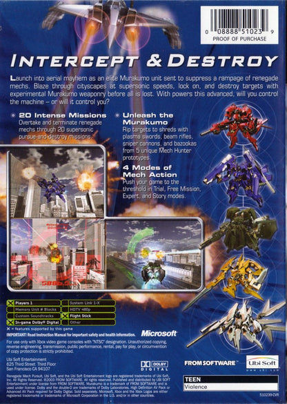Murakumo: Renegade Mech Pursuit retro Xbox video game Murakumo Renegade Mech Pursuit mech combat aerial dogfighting sci fi action shooter mission based gameplay futuristic combat console title Xbox release back of case
