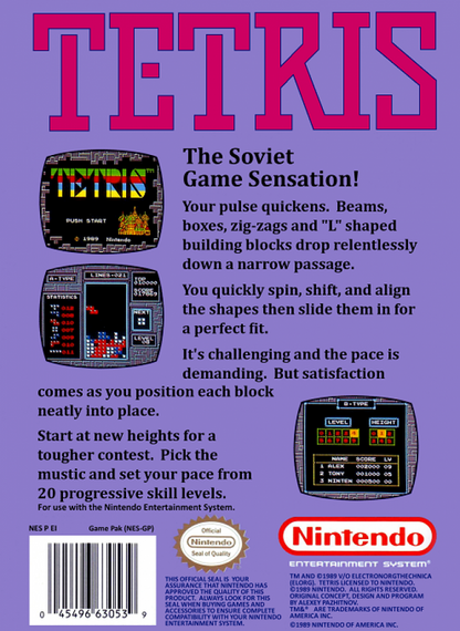 Tetris back of box for Nintendo Entertainment System (NES) retro video game