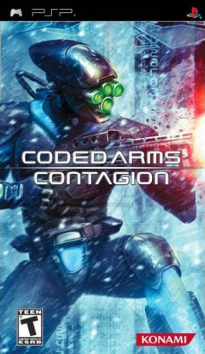 Coded Arms Contagion PlayStation Portable PSP for first person shooter video game fans featuring futuristic sci fi combat virtual reality missions advanced weapons fast paced shooting gameplay enemy battles strategic upgrades cyberpunk environments action packed handheld adventure collectible gaming appeal front cover art