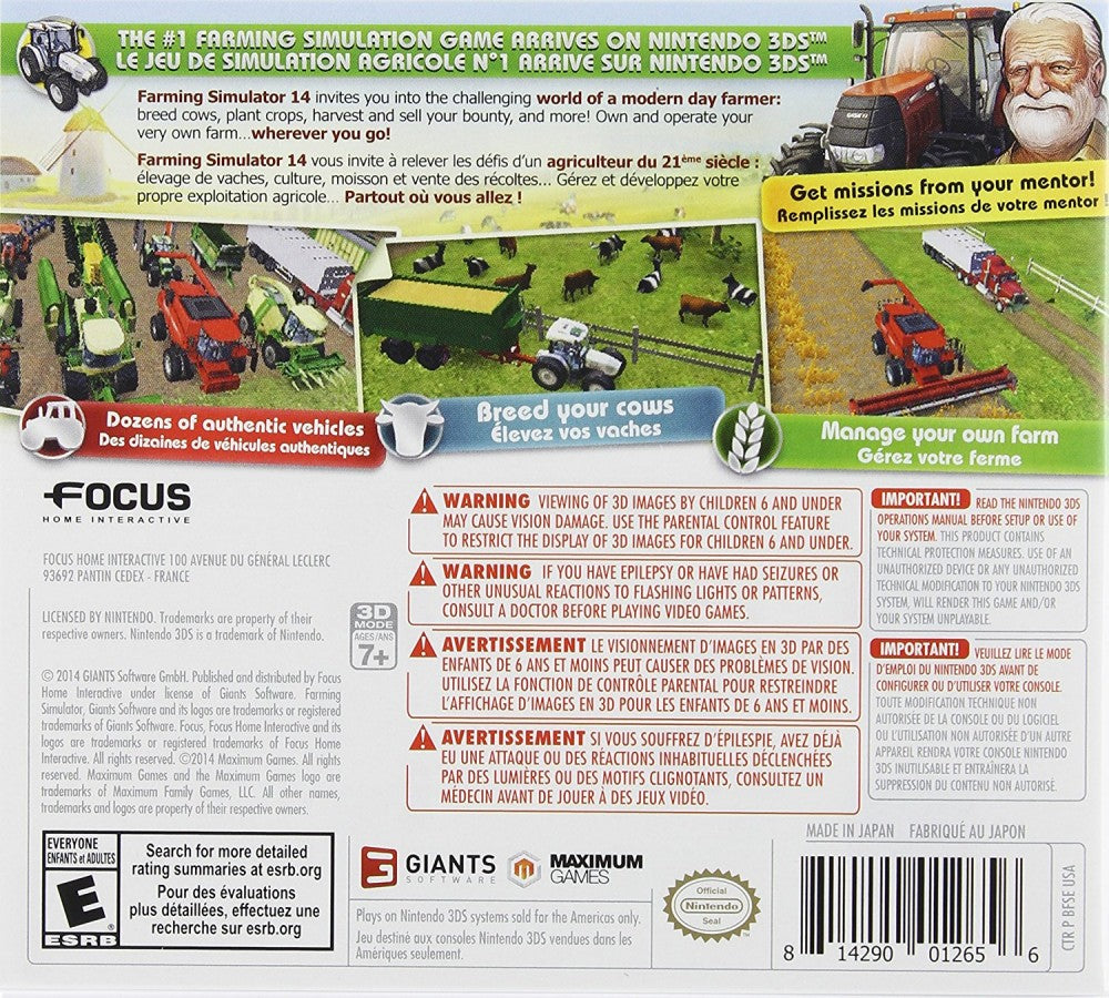 Farming Simulator 14 back of case for Nintendo 3DS (3DS) farming simulation video game