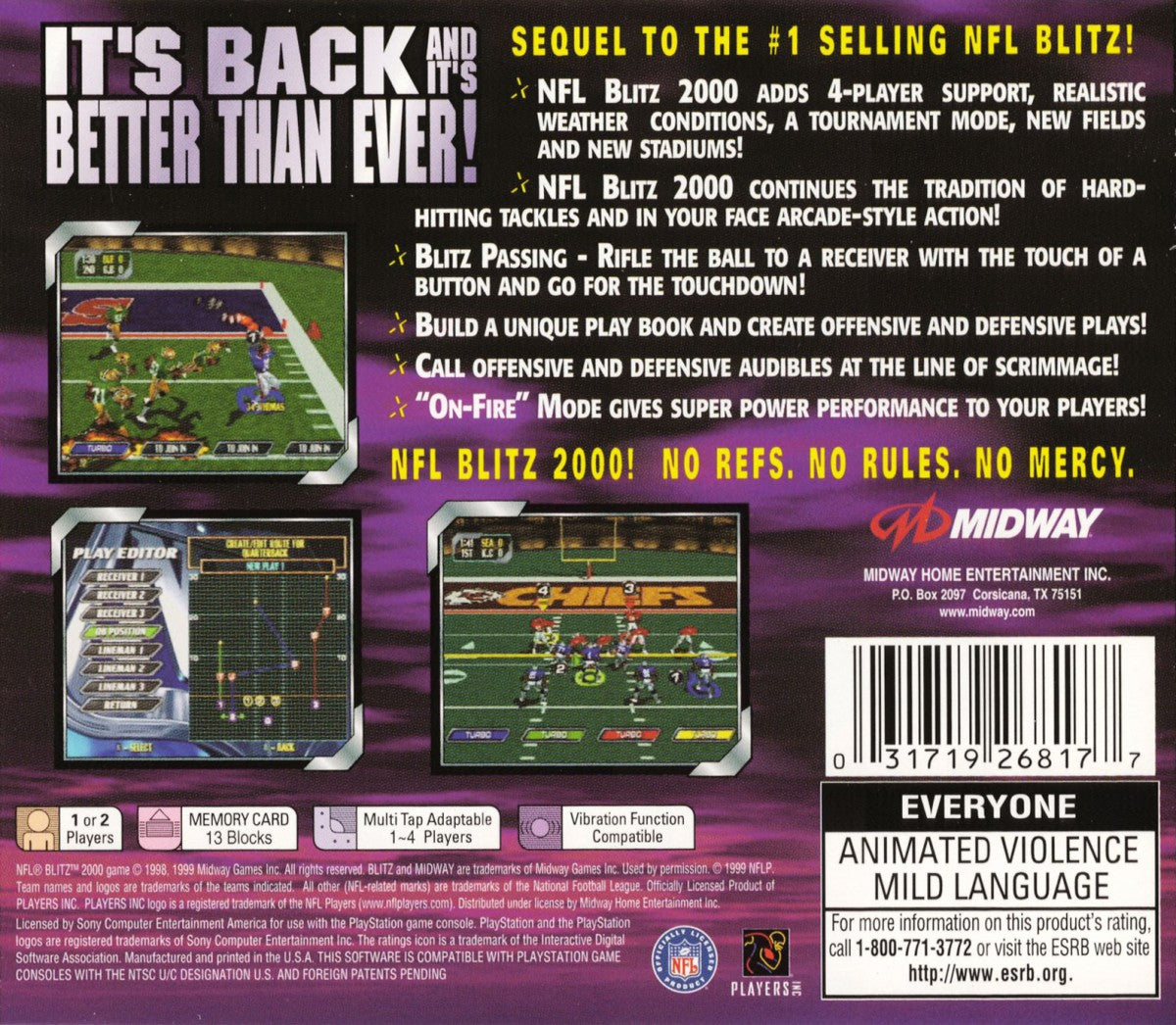NFL Blitz 2000 game for the PlayStation featuring arcade style football gameplay with fast paced matches exaggerated hits simplified rules and multiplayer competition based on the Midway Blitz series back cover