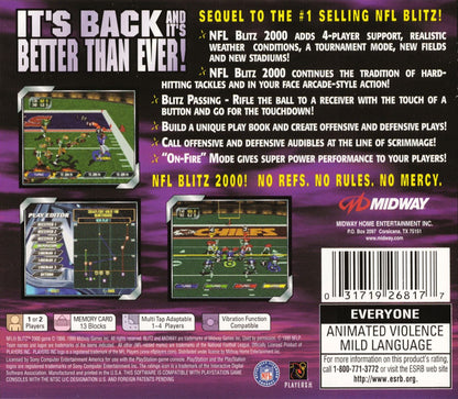 NFL Blitz 2000 game for the PlayStation featuring arcade style football gameplay with fast paced matches exaggerated hits simplified rules and multiplayer competition based on the Midway Blitz series back cover