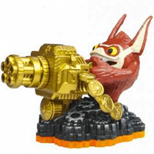 Trigger Happy Series 2 Skylanders Giants figure, gold gremlin gunner with wide grin, dual golden pistols in action pose, upgraded design with dynamic stance, detailed collectible toy on portal base from Skylanders Giants series