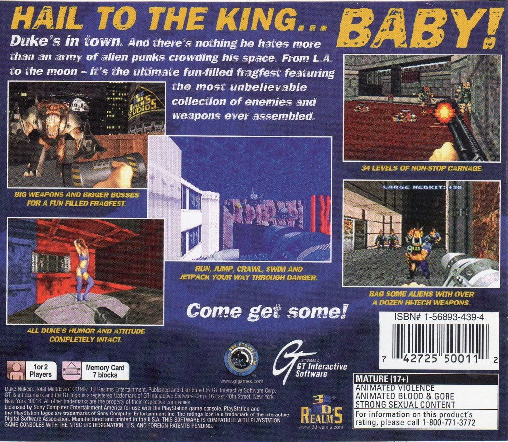 Duke Nukem: Total Meltdown retro sci-fi first-person shooter game for PlayStation 1 (PS1) back of case