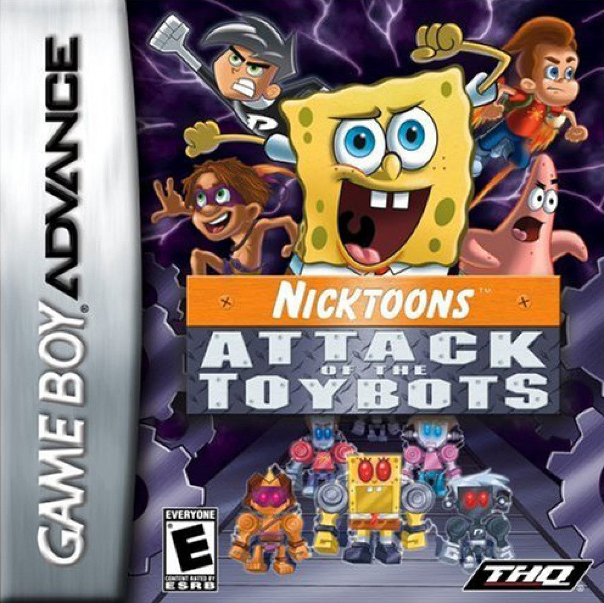 Nicktoons Attack of the Toybots for Game Boy Advance, cover image for a retro video game featuring action platforming gameplay, crossover cartoon characters, combat challenges, puzzle-solving, and side-scrolling adventure