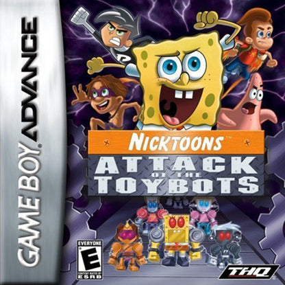 Nicktoons Attack of the Toybots for Game Boy Advance, cover image for a retro video game featuring action platforming gameplay, crossover cartoon characters, combat challenges, puzzle-solving, and side-scrolling adventure