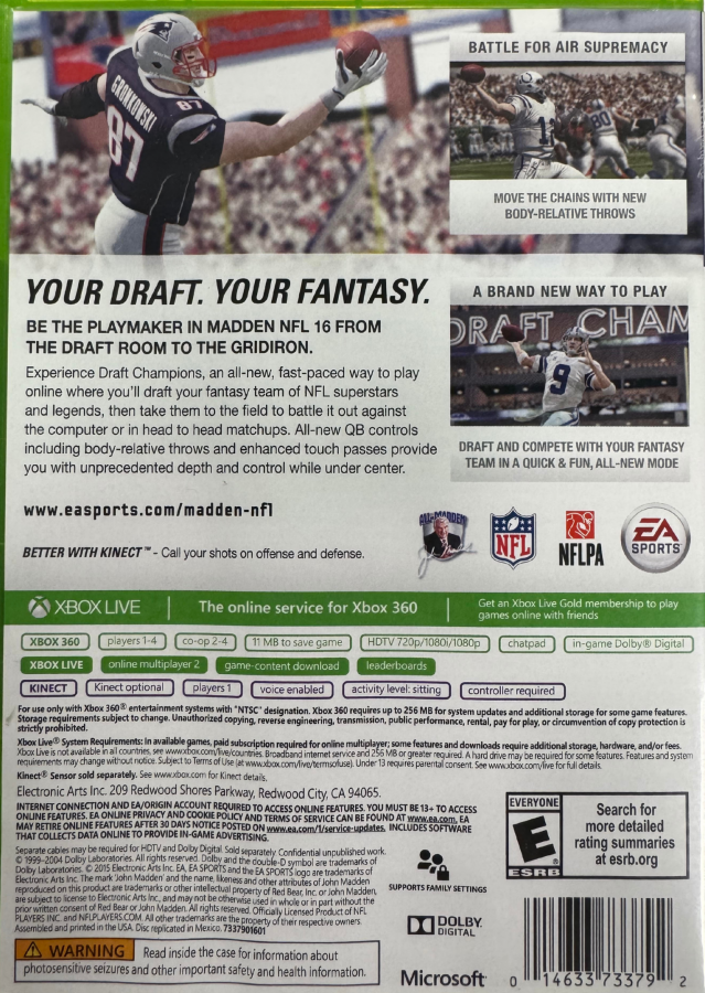 Madden NFL 16 Xbox 360 X360 video game featuring American football sports simulation gameplay NFL teams and players passing plays rushing attacks defensive strategies touchdown scoring franchise mode quarterback controls play calling multiplayer matches and classic Xbox 360 football gaming retro video game collection collectible gaming appeal back cover art