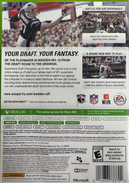 Madden NFL 16 Xbox 360 X360 video game featuring American football sports simulation gameplay NFL teams and players passing plays rushing attacks defensive strategies touchdown scoring franchise mode quarterback controls play calling multiplayer matches and classic Xbox 360 football gaming retro video game collection collectible gaming appeal back cover art