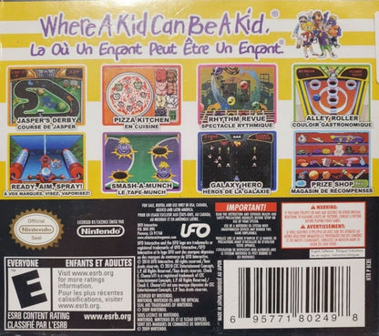 Chuck E Cheese’s Party Games for Nintendo DS, back of case for a party mini-game video game with arcade-style challenges, multiplayer gameplay, family-friendly activities, and casual fun