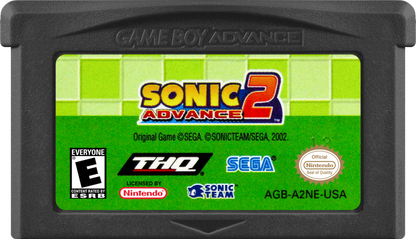 Game cartridge for 'Sonic Advance 2' on Game Boy Advance with branding and logos.