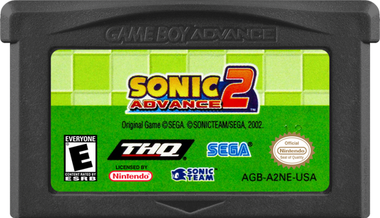 Game cartridge for 'Sonic Advance 2' on Game Boy Advance with branding and logos.
