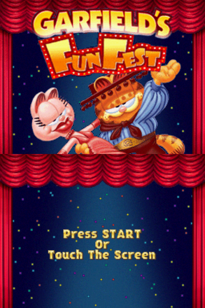 Garfield's Fun Fest start screen for Nintendo DS (DS) cartoon platforming adventure video game