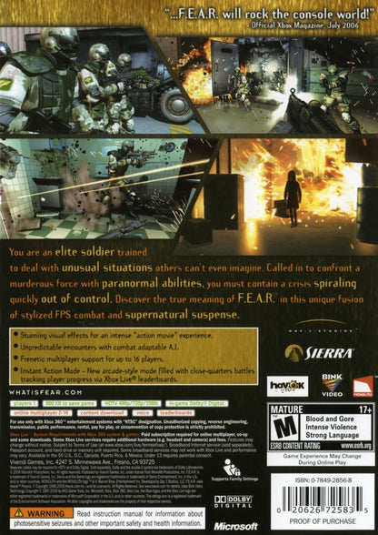 F.E.A.R. First Encounter Assault Recon Xbox 360 video game featuring atmospheric first person shooter gameplay intense horror elements psychic enemy powers tactical bullet time combat immersive single player campaign and award-winning horror-action experience by Monolith Productions. back cover