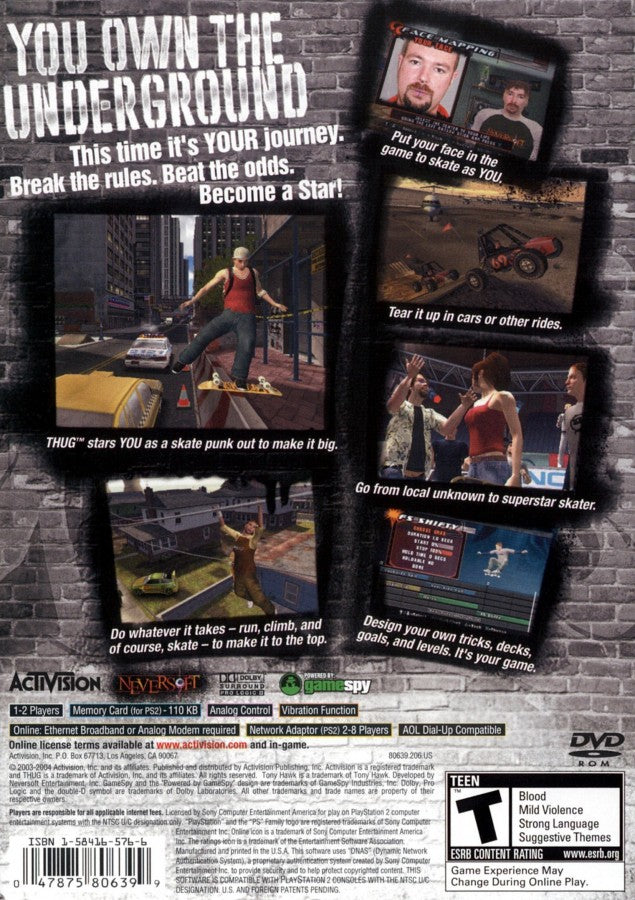 Tony Hawk's Underground back cover art for Playstation 2 (PS2) video game 