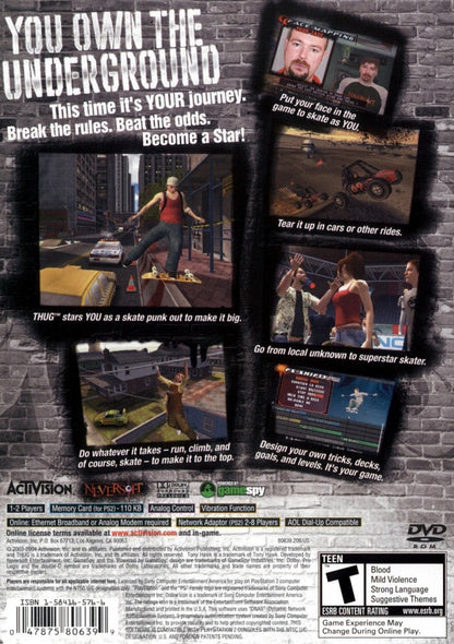 Tony Hawk's Underground back cover art for Playstation 2 (PS2) video game 