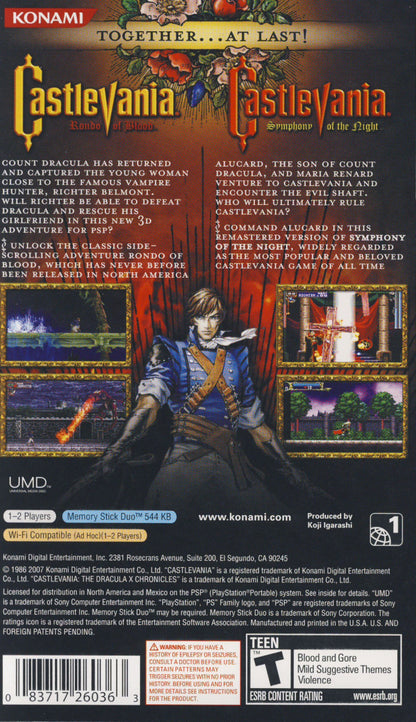 Castlevania Dracula X Chronicles PlayStation Portable PSP for action platforming video game fans featuring gothic adventure vampire hunting side scrolling combat challenging enemies castle exploration powerful weapons classic Castlevania gameplay remastered graphics and multiple game experiences collectible gaming appeal back cover art