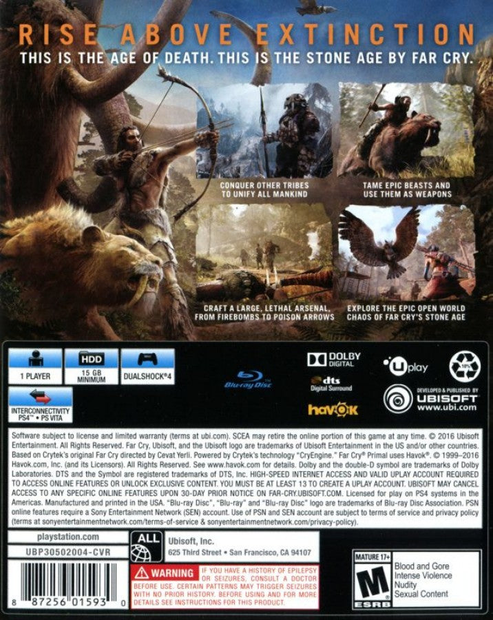 Far Cry: Primal – PlayStation 4 (PS4) video game back of case, open-world action adventure by Ubisoft