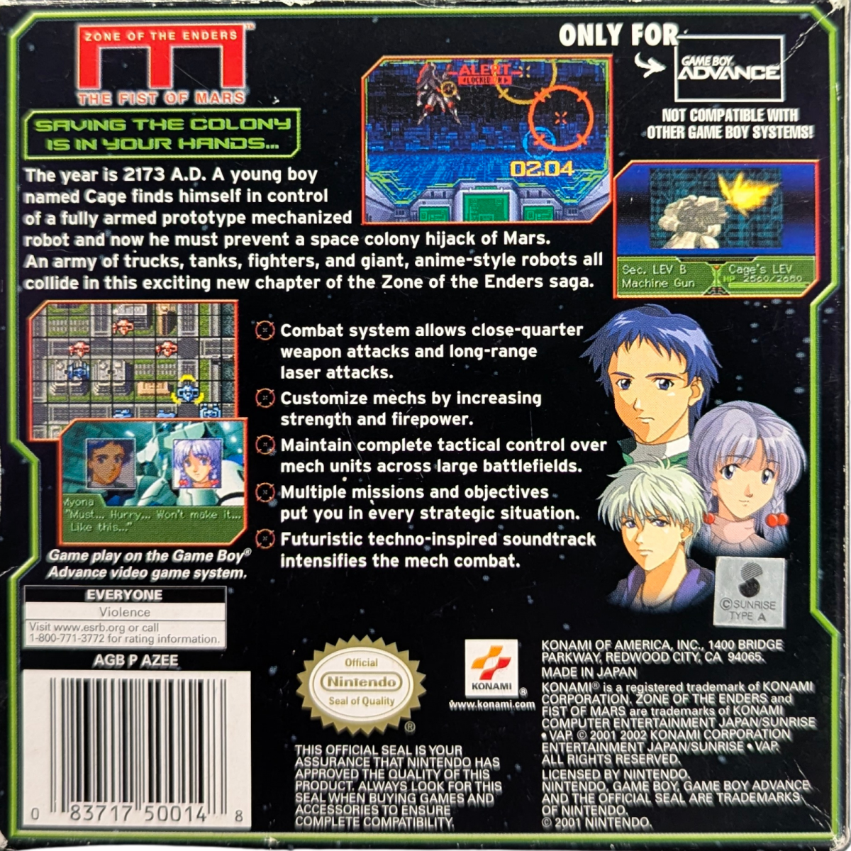 Zone of the Enders: The Fist of Mars [CIB] for Game Boy Advance (GBA) featuring a story-driven tactical RPG spin-off with turn-based mech battles set in the Z.O.E. universe; command your squad, customize Orbital Frames, and follow an anime-style narrative in this complete-in-box handheld entry back cover