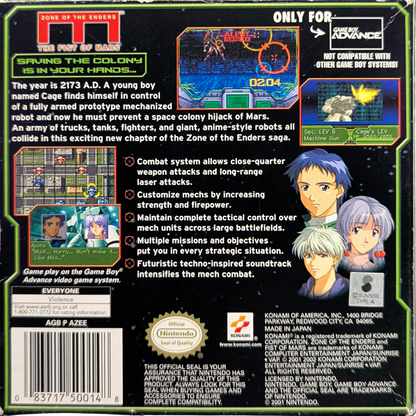 Zone of the Enders: The Fist of Mars [CIB] for Game Boy Advance (GBA) featuring a story-driven tactical RPG spin-off with turn-based mech battles set in the Z.O.E. universe; command your squad, customize Orbital Frames, and follow an anime-style narrative in this complete-in-box handheld entry back cover