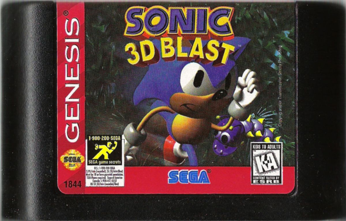 Sonic 3D Blast Sega Genesis video game, isometric platformer, Sonic the Hedgehog adventure, retro Sega console title cartridge