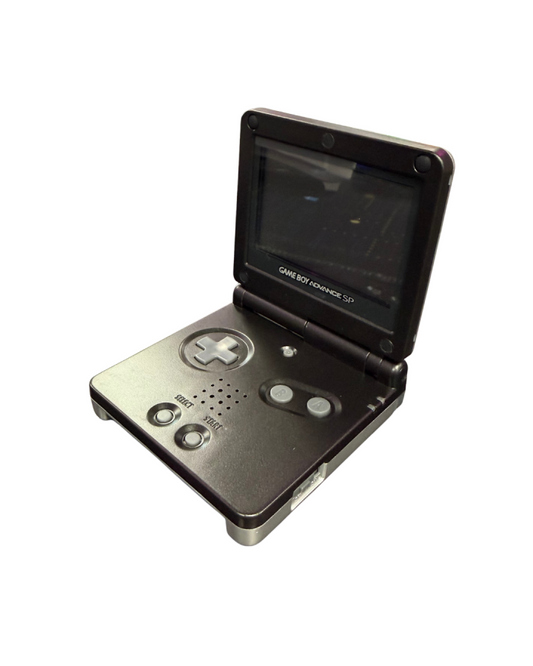Game Boy Advance SP Metroid custom shell AGS-001 handheld gaming system featuring a custom black and gray Metroid themed shell design with a frontlit screen clamshell form factor rechargeable battery and compatibility with Game Boy Advance and Game Boy Color games open view of screen