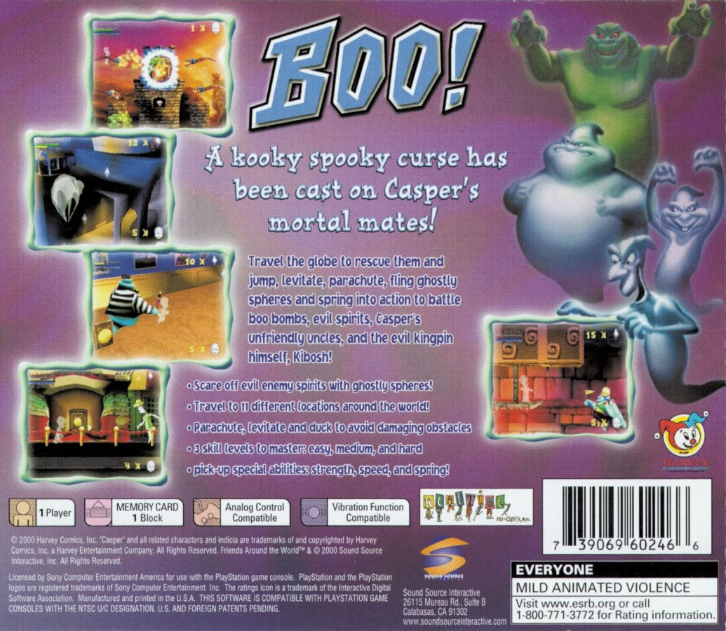 Casper: Friends Around the World retro children's educational adventure game for PlayStation 1 (PS1) back of case
