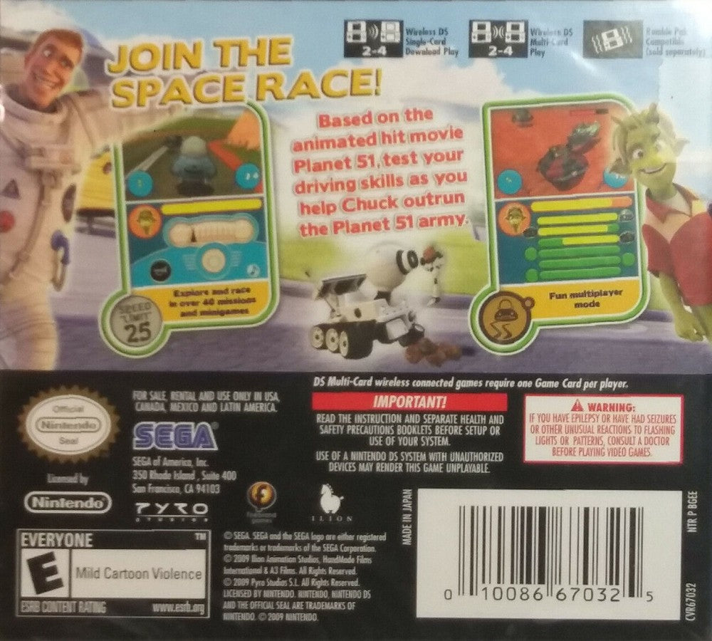 Planet 51 Nintendo DS video game, action adventure, movie tie-in gameplay, family-friendly handheld console title back cover