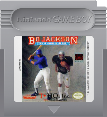 Bo Jackson Two Games in One Nintendo Game Boy (GB) cartridge for retro video game enthusiasts featuring multi sport action gameplay baseball football and track and field challenges fast paced arcade style sports mechanics athletic competition as Bo Jackson iconic athlete crossover gameplay portable handheld gaming experience and collectible gaming appeal