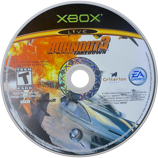Burnout 3 Takedown Microsoft Xbox Original Xbox video game featuring high speed racing gameplay intense vehicle crashes takedown mechanics traffic racing road rage events crash mode and fast paced arcade driving action retro video game collection collectible gaming appeal disc