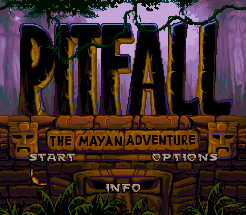 Pitfall The Mayan Adventure retro SNES video game Pitfall jungle platform adventure action gameplay treasure hunting side scrolling classic platformer console title Super Nintendo release title screen