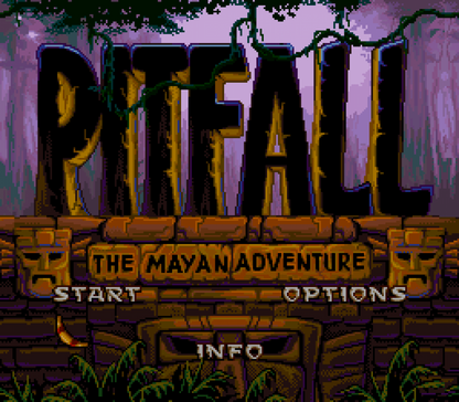 Pitfall The Mayan Adventure retro SNES video game Pitfall jungle platform adventure action gameplay treasure hunting side scrolling classic platformer console title Super Nintendo release title screen