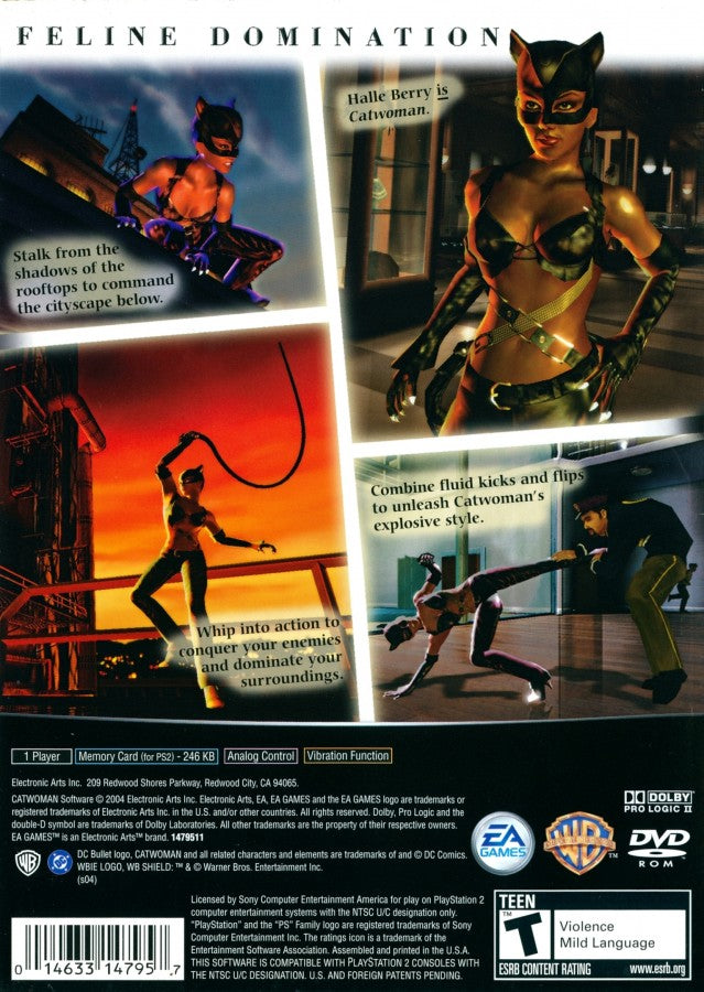 Catwoman for PlayStation 2 with superhero action-adventure and stealth gameplay theme back cover art