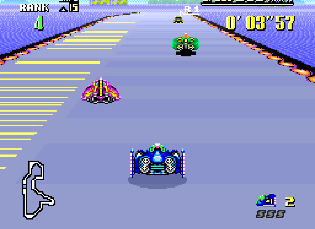 F-Zero Super Nintendo Entertainment System SNES futuristic racing video game Mode 7 graphics high-speed anti-gravity vehicles multiple pilots including Captain Falcon with varying stats and championship tracks gameplay screenshot