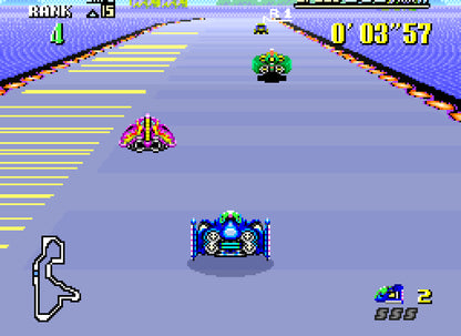 F-Zero Super Nintendo Entertainment System SNES futuristic racing video game Mode 7 graphics high-speed anti-gravity vehicles multiple pilots including Captain Falcon with varying stats and championship tracks gameplay screenshot